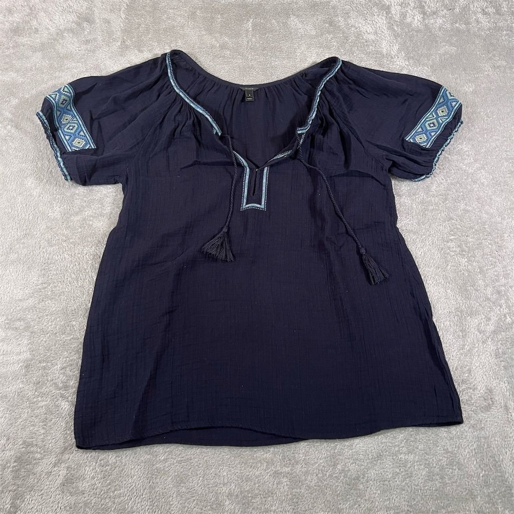 J.Crew Boho Gauze Blouse Women's S Blue Embroidered Tie Neck Short Sleeve